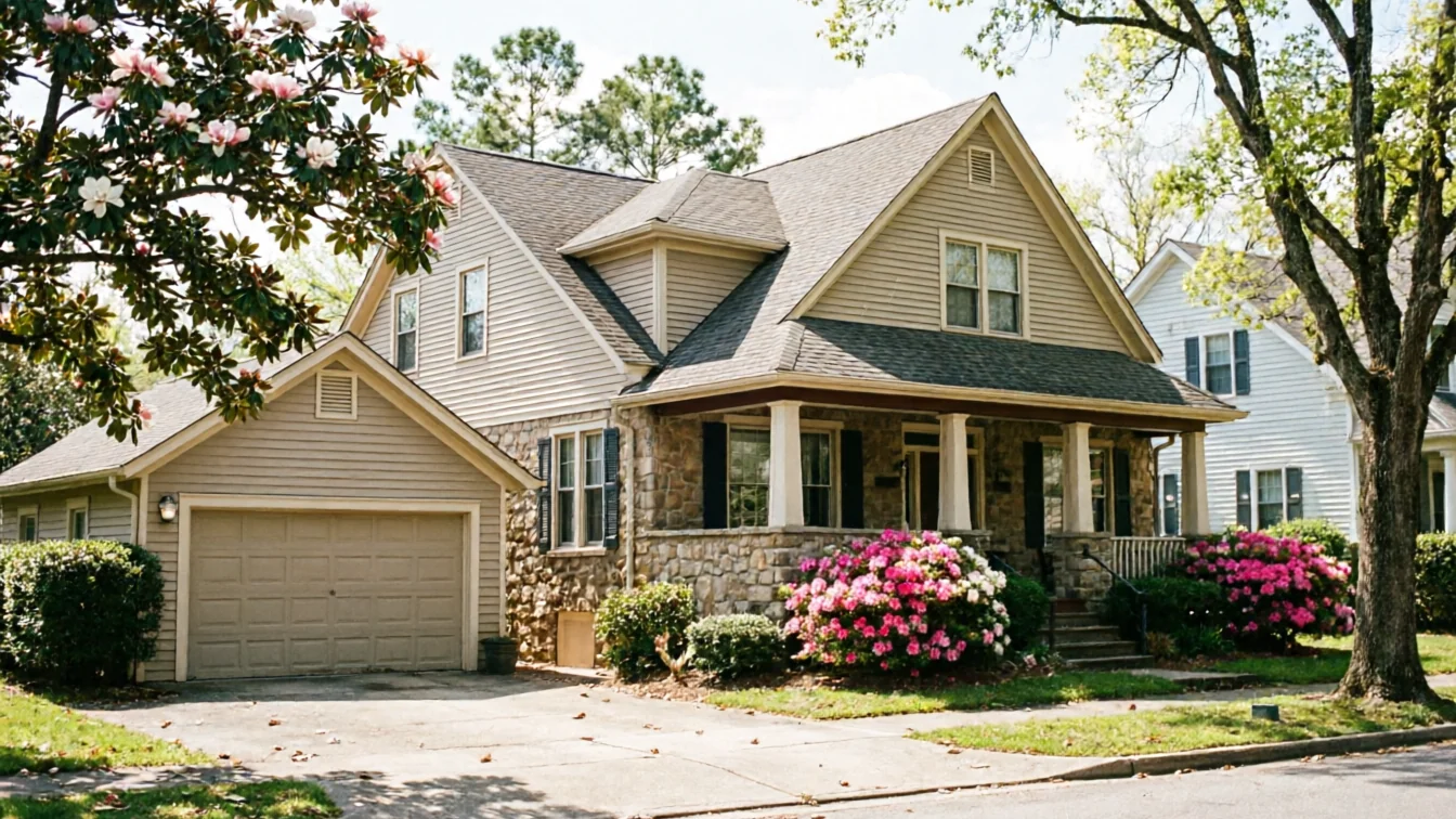 A light brown house with a garage door and pink flowering bushes.